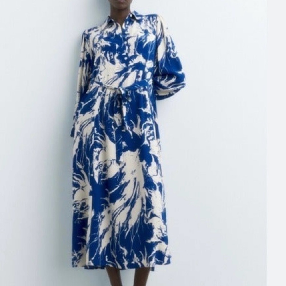 Zara Emilie Printed Belted Shirt Dress -size L